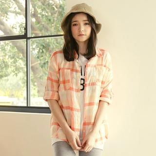 Tokyo Fashion Tab-Sleeve Crinkled Plaid Shirt