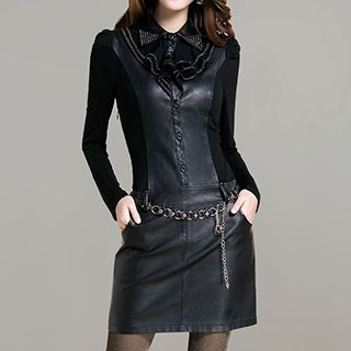 lilygirl Studded Faux Leather Panel Collared Dress