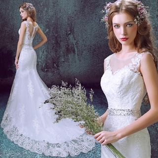 Angel Bridal Sleeveless Paneled Rhinestone Ball Gown Wedding Dress