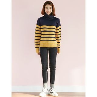 FROMBEGINNING Turtle-Neck Striped Knit Top
