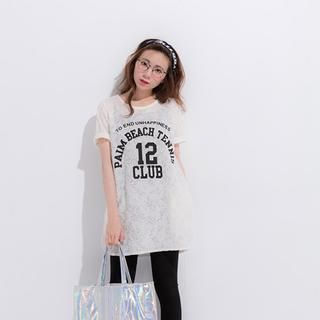 CatWorld Short-Sleeve Lettering Lace T-Shirt