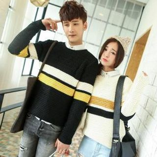 Simpair Couples Color Mixed Striped Hedging Sweater
