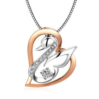 MaBelle 18K Rose White Gold Diamond Swan in Love Heart Shape Pendant Necklace (0.12cttw) (FREE 925 Silver Box Chain, 16