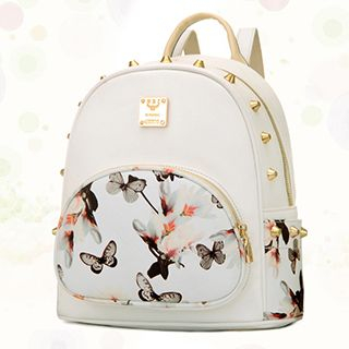 BeiBaoBao Faux-Leather Studded Floral Backpack