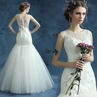 Angel Bridal Sleeveless Bow-Accent Mermaid Wedding Dress