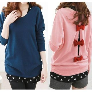 Rocho Set: Long-Sleeved Bow-Accent Cardigan + Heart Print Knit Tank Top