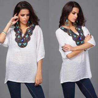 Hotprint Elbow-Sleeve Embroidered Beaded Top