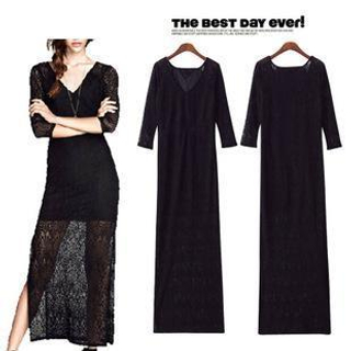 Isadora Elbow-Sleeve Lace Perforated Maxi Dress