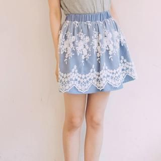 Tokyo Fashion Elastic-Waist Lace-Overlay Denim Skirt
