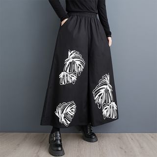 Elastic Waist Leaf Print Culottes Black - One Size