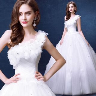 Angel Bridal One-Shoulder Rosette Ball Gown Wedding Dress