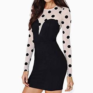 Sexy Romantie Polka Dot Panel Long-Sleeve Party Dress