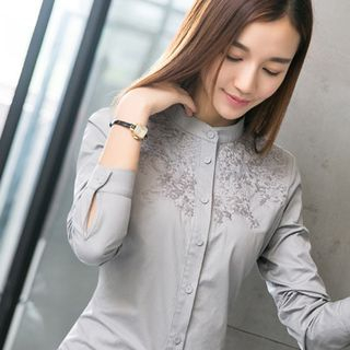 MEFOUND BASIC Stand Collar Lace Panel Shirt