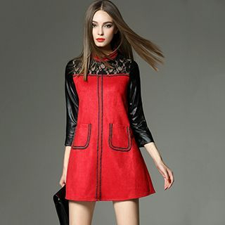 Queen Mulock 3/4-Sleeve Faux-Leather Lace Panel Dress