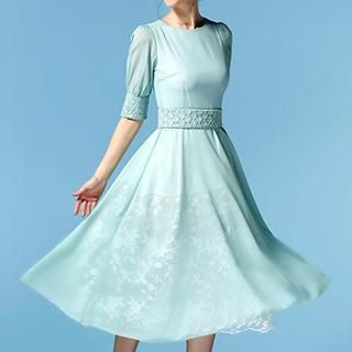 Rebecca Elbow-Sleeve Lace Embroidered Chiffon Dress