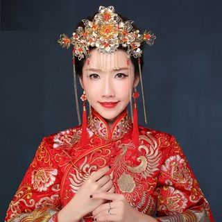 Luxury Style Set: Chinese Bridal Headpiece + Tassel Drop Earrings