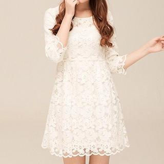 Adeline Elbow-Sleeve Lace Perforated A-Line Dress