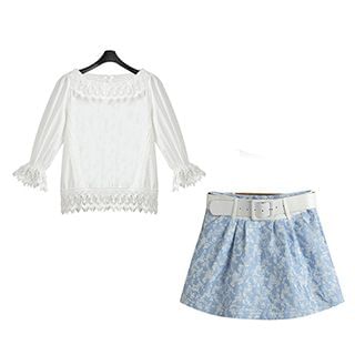 FURIFS Set: Lace Trim Top + Floral Print Skirt