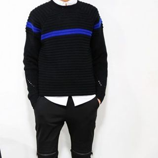 Mr. Cai Contrast-Stripe Perforated Sweater