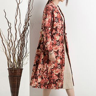 chic n' fab Floral Print Linen-blend Long Jacket