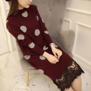 Bubbleknot Lace Panel Polka Dot Knit Dress