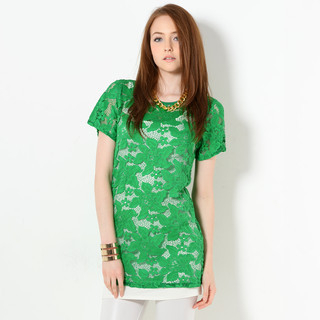 YesStyle Z Short-Sleeved Lace Tunic Green - One Size