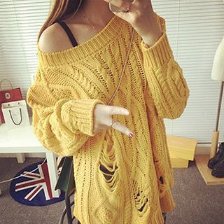 FR Distressed Cable Knit Sweater