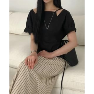 Short-Sleeve Plain Mock Two-Piece Drawstring Top