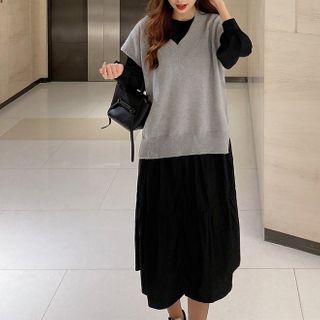 Long-sleeve | V-neck | Dress | Vest | Set