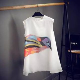 Ainvyi Sleeveless Cartoon Bird Print Shift Dress