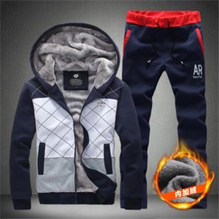 Alvicio Set: Fleece-lined Colour Block Hooded Jacket + Sweatpants
