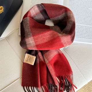 Lettering Applique Plaid Fringed Wool Scarf