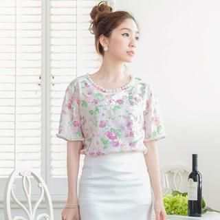 Tokyo Fashion Short-Sleeve Beaded Floral Lace Top
