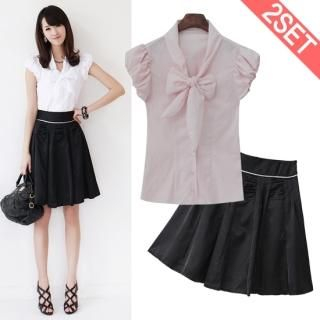 Set: Bow-Neck Blouse + A-Line Skirt