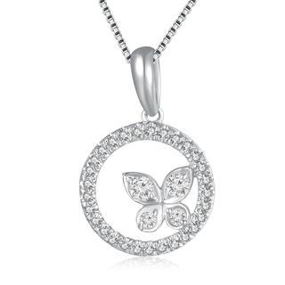 MaBelle 18K/750 White Gold Ring and Butterfly Diamond Pendant (0.17 cttw) (FREE 925 Silver Box Chain)