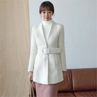 ode' Collarless Wool Blend A-Line Coat with Belt