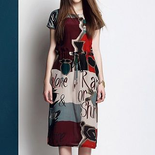 Ozipan Short-Sleeve Drawstring Silk Print Dress