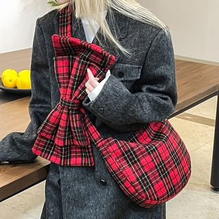 Plaid Bow Accent Crossbody Bag Red - One Size