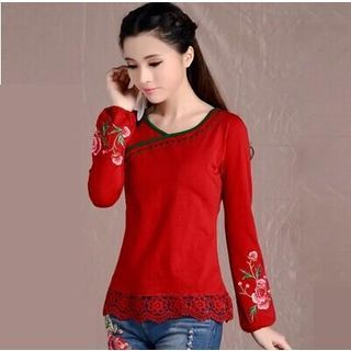 Floral Affair Long-Sleeve Embroidered Chinese Top