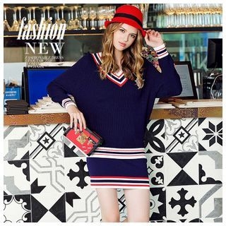 Ozipan Set: V-Neck Contrast-Stripe Knit Top + Contrast-Stripe Knit Skirt