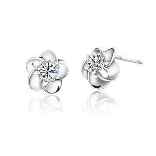 BELEC White Gold Plated 925 Sterling Silver with White Cubic Zirconia Plum Flower Stud Earrings