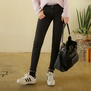 Seoul Fashion Fray-Hem Brushed-Fleece Skinny Jeans