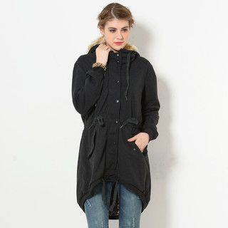 YesStyle Z Faux Fur-Trim Hooded Dip-Back Jacket Dark Gray - One Size
