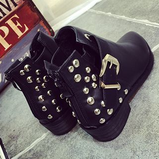 Mancienne Pointy-Toe Buckled Studded Ankle Boots