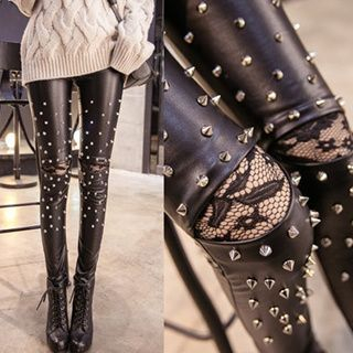 Beekee Lace Panel Studded Faux Leather Tights