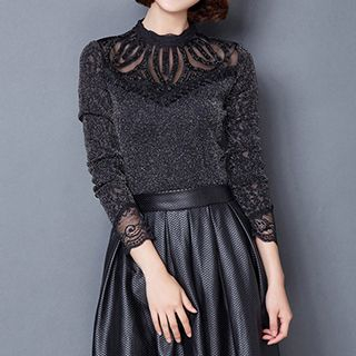 Beekee Fleece-lined Lace Panel Stand-collar Dress