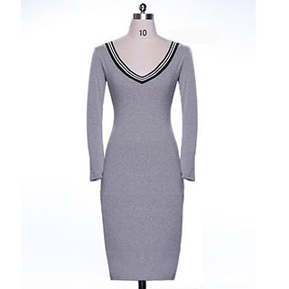 Eloqueen V-Neck Contrast-Stripe Knit Dress