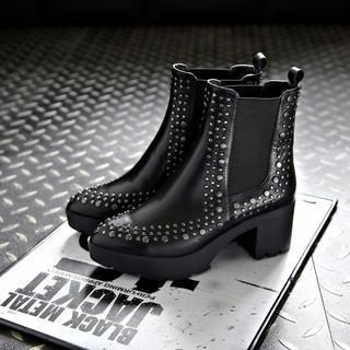 JY Shoes Pointy Studded Block Heel Ankle Boots