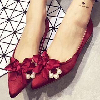 Crystella Faux Pearl Bow Pointy Flats