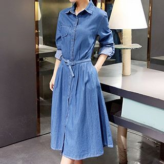 Romantica Long-Sleeve Belted Denim Dress